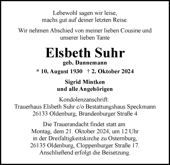 Traueranzeige von Elsbeth Suhr von Nordwest-Zeitung