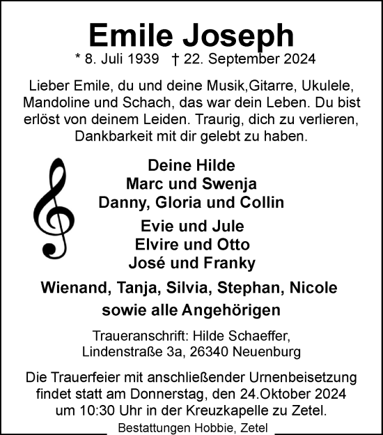 Traueranzeige von Emile Joseph von Nordwest-Zeitung