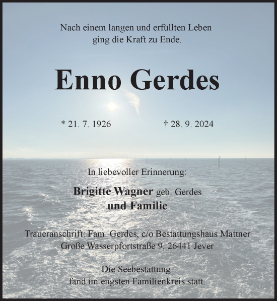 Traueranzeige von Enno Gerdes von WZ/JW/AH