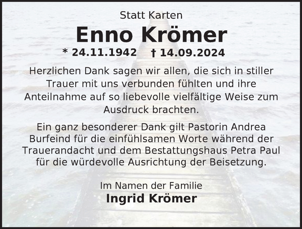  Traueranzeige für Enno Krömer vom 26.10.2024 aus Nordwest-Zeitung