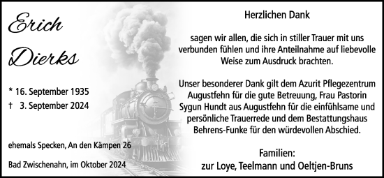 Traueranzeige von Erich Dierks von Nordwest-Zeitung