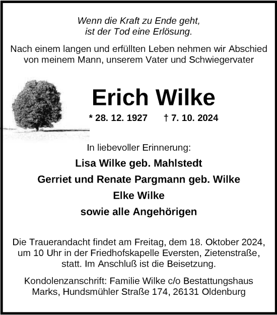 Traueranzeige von Erich Wilke von Nordwest-Zeitung