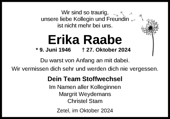 Traueranzeige von Erika Raabe von Nordwest-Zeitung