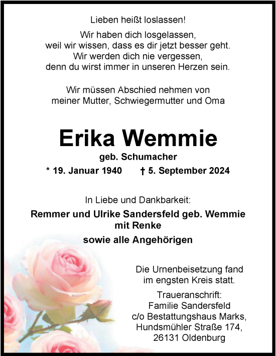 Traueranzeige von Erika Wemmie von Nordwest-Zeitung