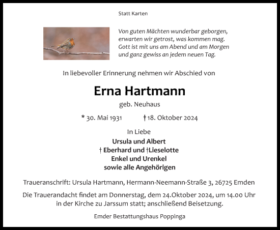 Traueranzeige von Erna Hartmann von Emder Zeitung