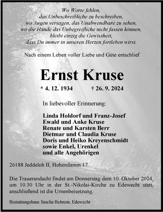 Traueranzeige von Ernst Kruse von Nordwest-Zeitung