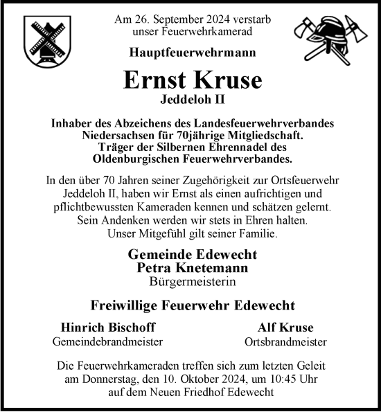 Traueranzeige von Ernst Kruse von Nordwest-Zeitung