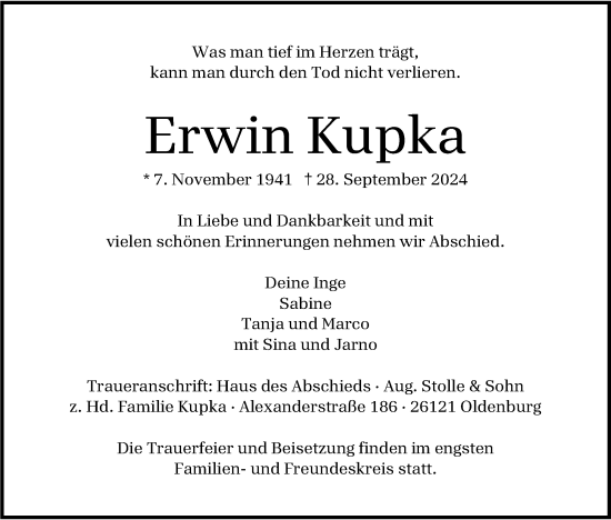Traueranzeige von Erwin Kupka von Nordwest-Zeitung