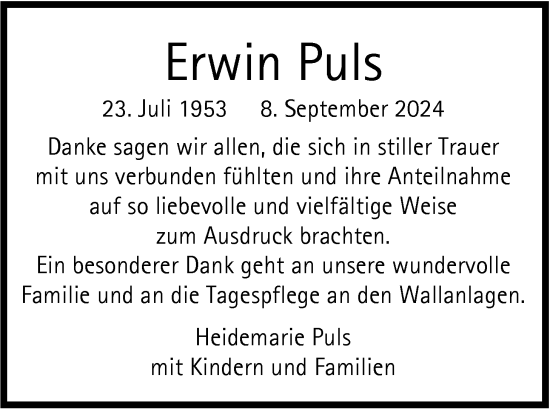 Traueranzeige von Erwin Puls von Nordwest-Zeitung