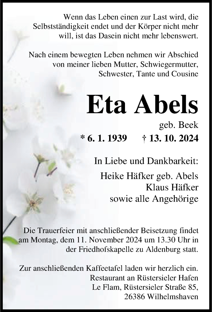  Traueranzeige für Eta Abels vom 26.10.2024 aus WZ/JW/AH
