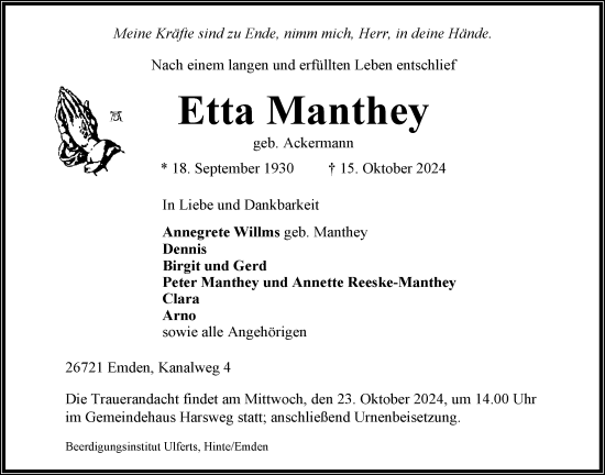 Traueranzeige von Etta Manthey von Emder Zeitung