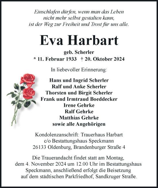 Traueranzeige von Eva Harbart von Nordwest-Zeitung