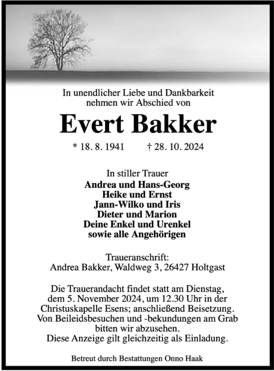 Traueranzeige von Evert Bakker von WZ/JW/AH