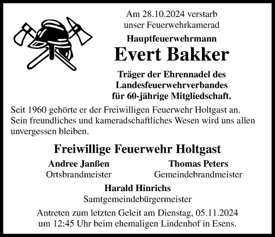 Traueranzeige von Evert Bakker von WZ/JW/AH