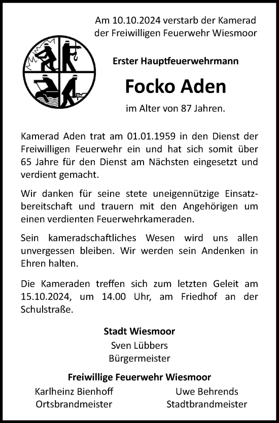 Traueranzeige von Focko Aden von WZ/JW/AH