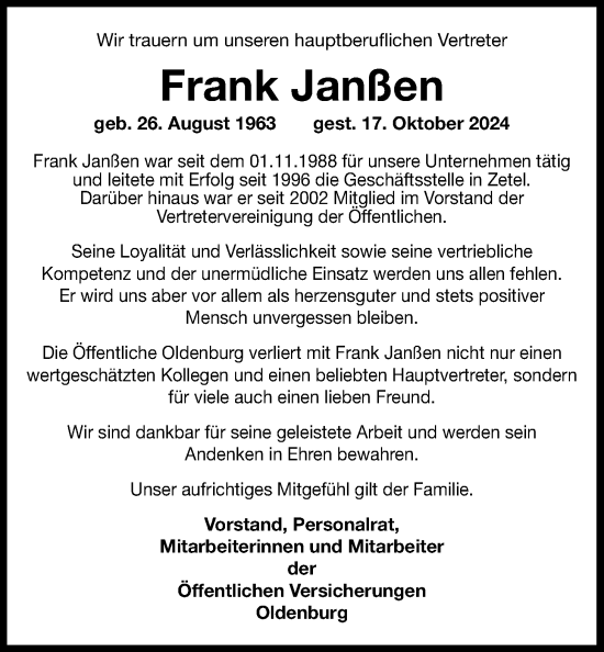 Traueranzeige von Frank Janßen von Nordwest-Zeitung