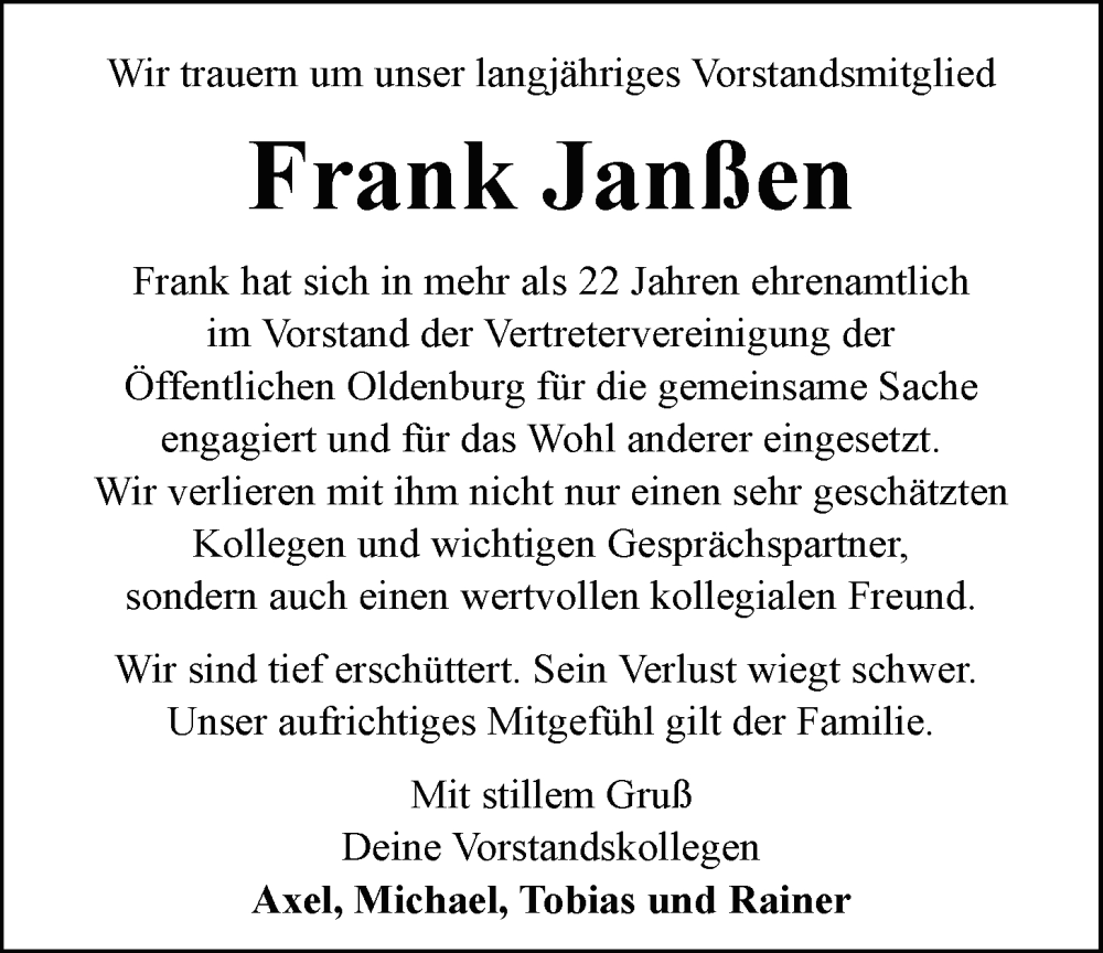  Traueranzeige für Frank Janßen vom 01.11.2024 aus Nordwest-Zeitung