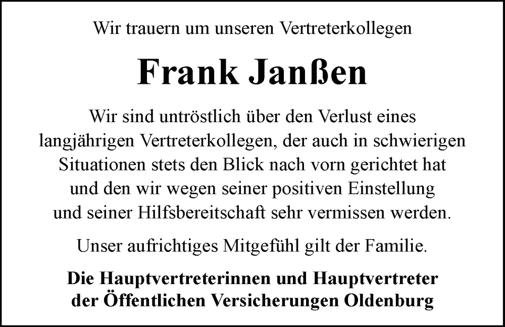  Traueranzeige für Frank Janßen vom 01.11.2024 aus Nordwest-Zeitung