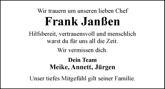 Traueranzeige von Frank Janßen von Nordwest-Zeitung