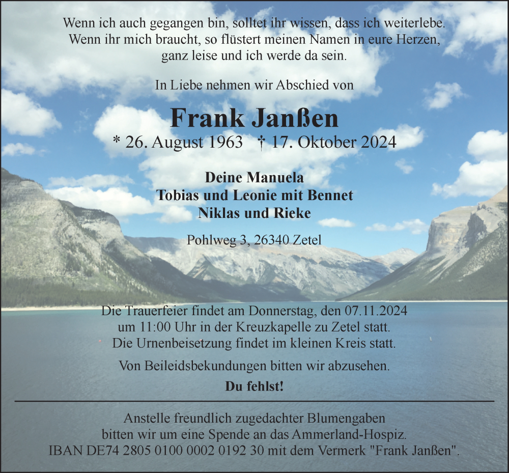  Traueranzeige für Frank Janßen vom 01.11.2024 aus Nordwest-Zeitung