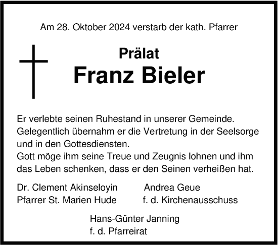 Traueranzeige von Franz Bieler von Nordwest-Zeitung