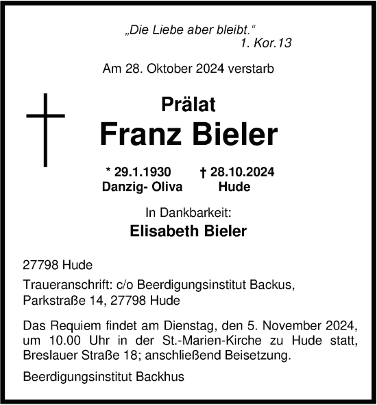 Traueranzeige von Franz Bieler von Nordwest-Zeitung