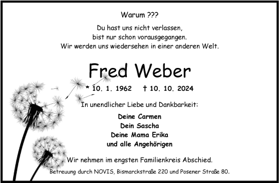 Traueranzeige von Fred Weber von WZ/JW/AH