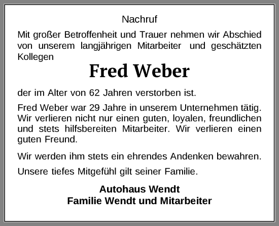 Traueranzeige von Fred Weber von WZ/JW/AH
