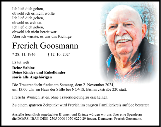 Traueranzeige von Frerich Goosmann von WZ/JW/AH