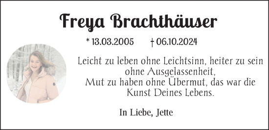 Traueranzeige von Freya Brachthäuser von Nordwest-Zeitung