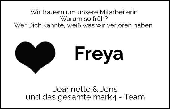 Traueranzeige von Freya Brachthäuser von Nordwest-Zeitung