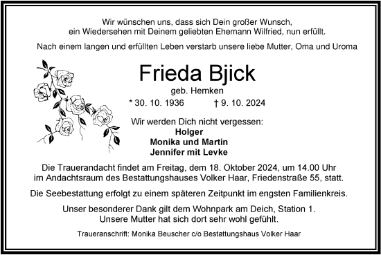 Traueranzeige von Frieda Bjick von WZ/JW/AH