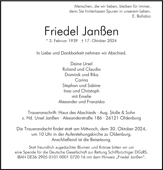 Traueranzeige von Friedel Janßen von Nordwest-Zeitung