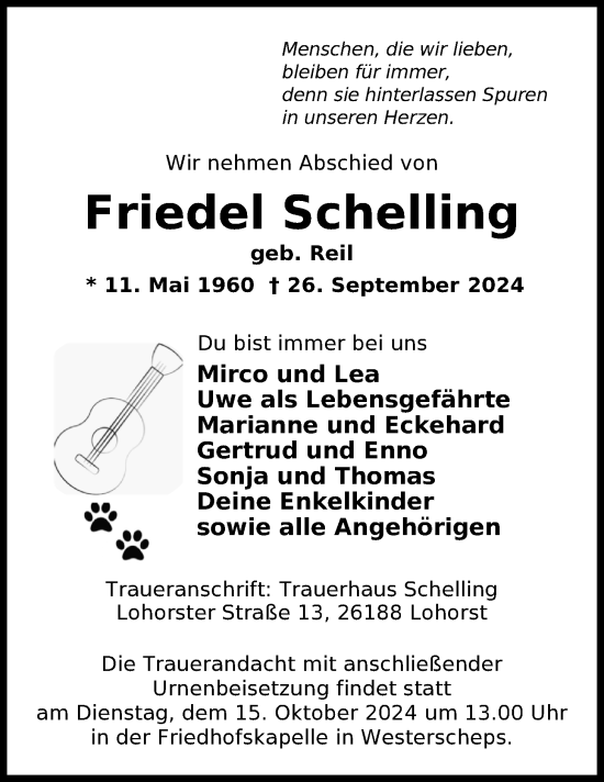 Traueranzeige von Friedel Schelling von Nordwest-Zeitung