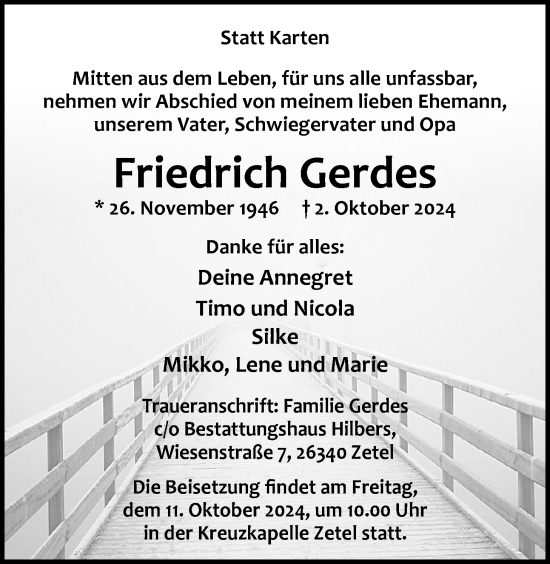 Traueranzeige von Friedrich Gerdes von Nordwest-Zeitung