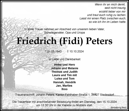 Traueranzeige von Friedrich Peters von WZ/JW/AH