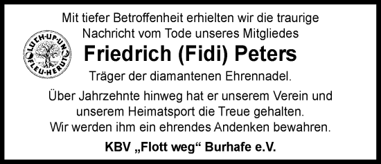 Traueranzeige von Friedrich Peters von WZ/JW/AH