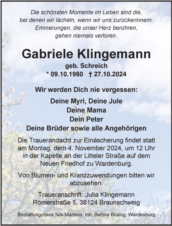 Traueranzeige von Gabriele Klingemann von Nordwest-Zeitung