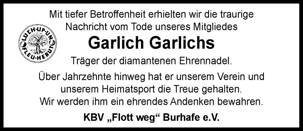  Traueranzeige für Garlich Garlichs vom 17.10.2024 aus WZ/JW/AH