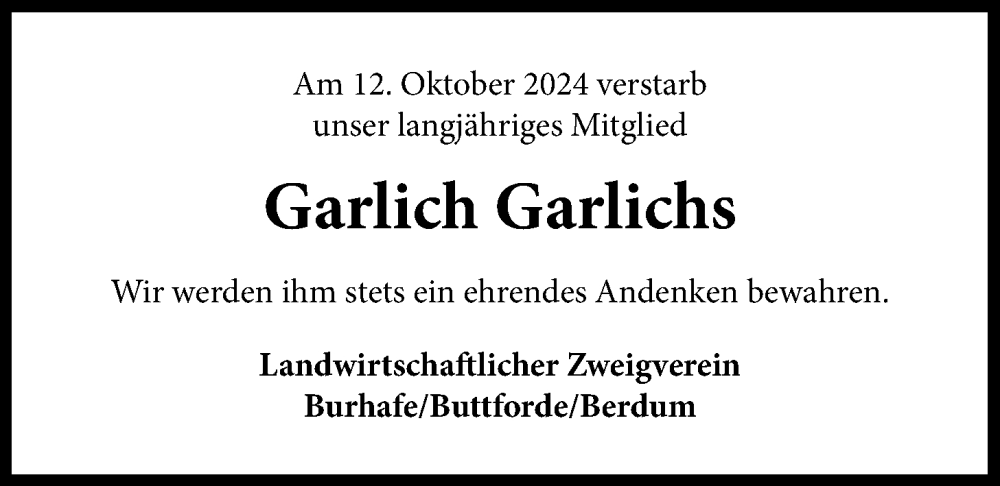  Traueranzeige für Garlich Garlichs vom 17.10.2024 aus WZ/JW/AH