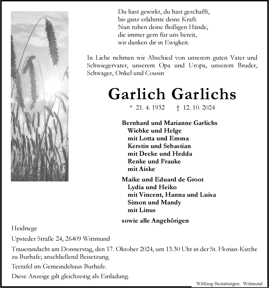  Traueranzeige für Garlich Garlichs vom 15.10.2024 aus WZ/JW/AH