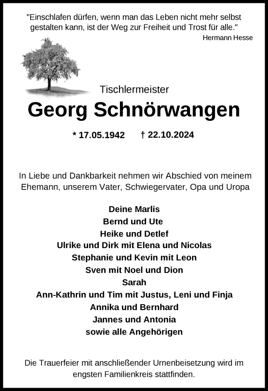 Traueranzeige von Georg Schnörwangen von Nordwest-Zeitung