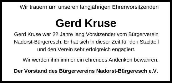 Traueranzeige von Gerd Kruse von Nordwest-Zeitung