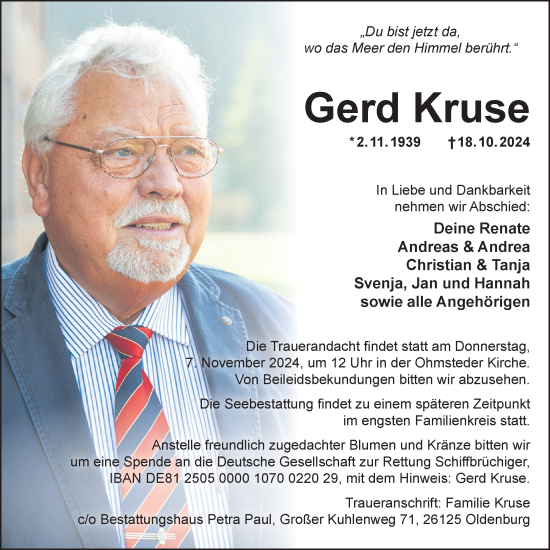 Traueranzeige von Gerd Kruse von Nordwest-Zeitung