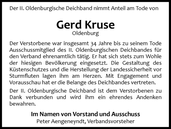 Traueranzeige von Gerd Kruse von Nordwest-Zeitung