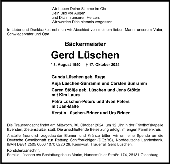 Traueranzeige von Gerd Lüschen von Nordwest-Zeitung