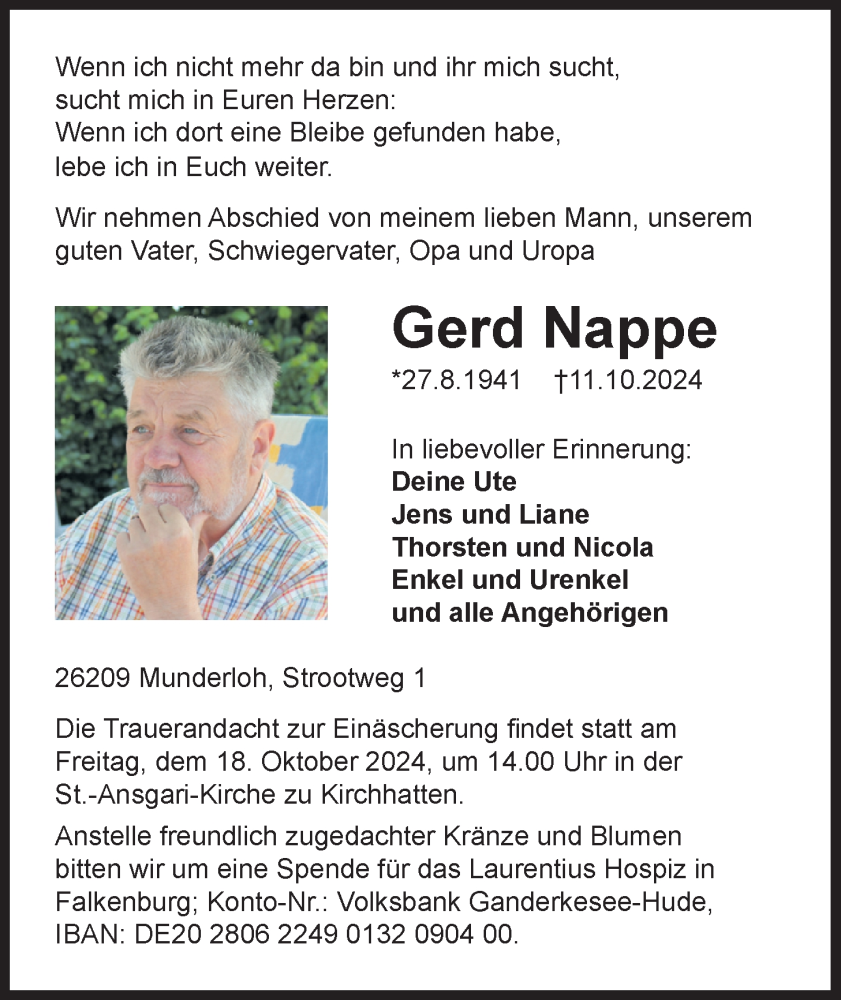  Traueranzeige für Gerd Nappe vom 15.10.2024 aus Nordwest-Zeitung