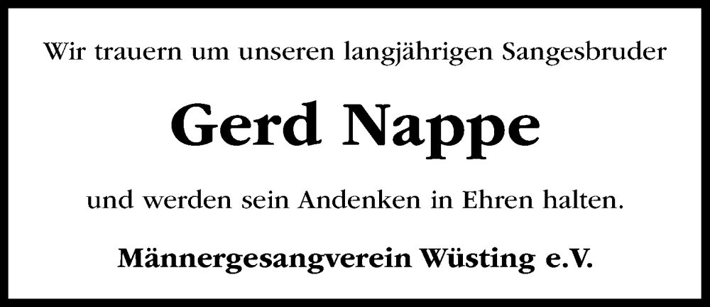  Traueranzeige für Gerd Nappe vom 17.10.2024 aus Nordwest-Zeitung