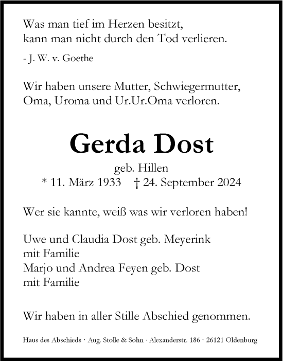 Traueranzeige von Gerda Dost von Nordwest-Zeitung