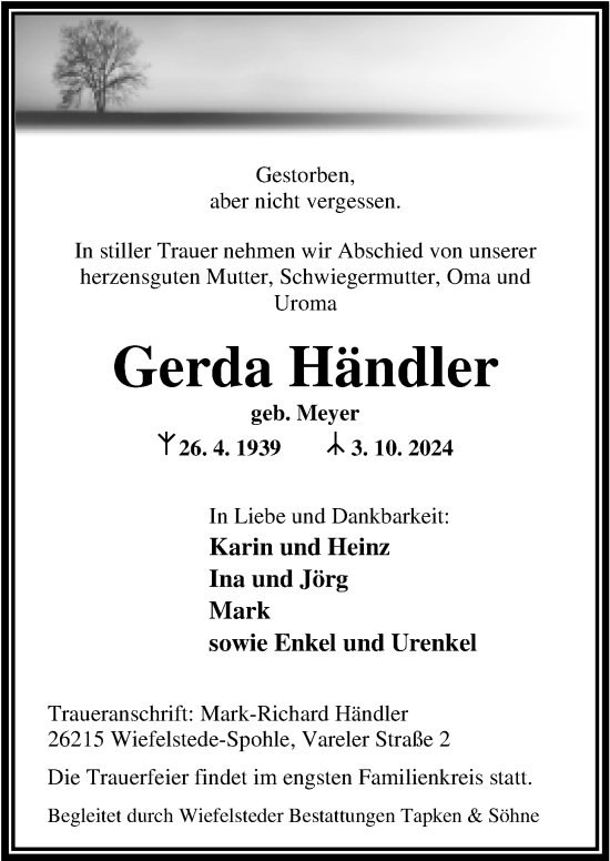 Traueranzeige von Gerda Händler von Nordwest-Zeitung